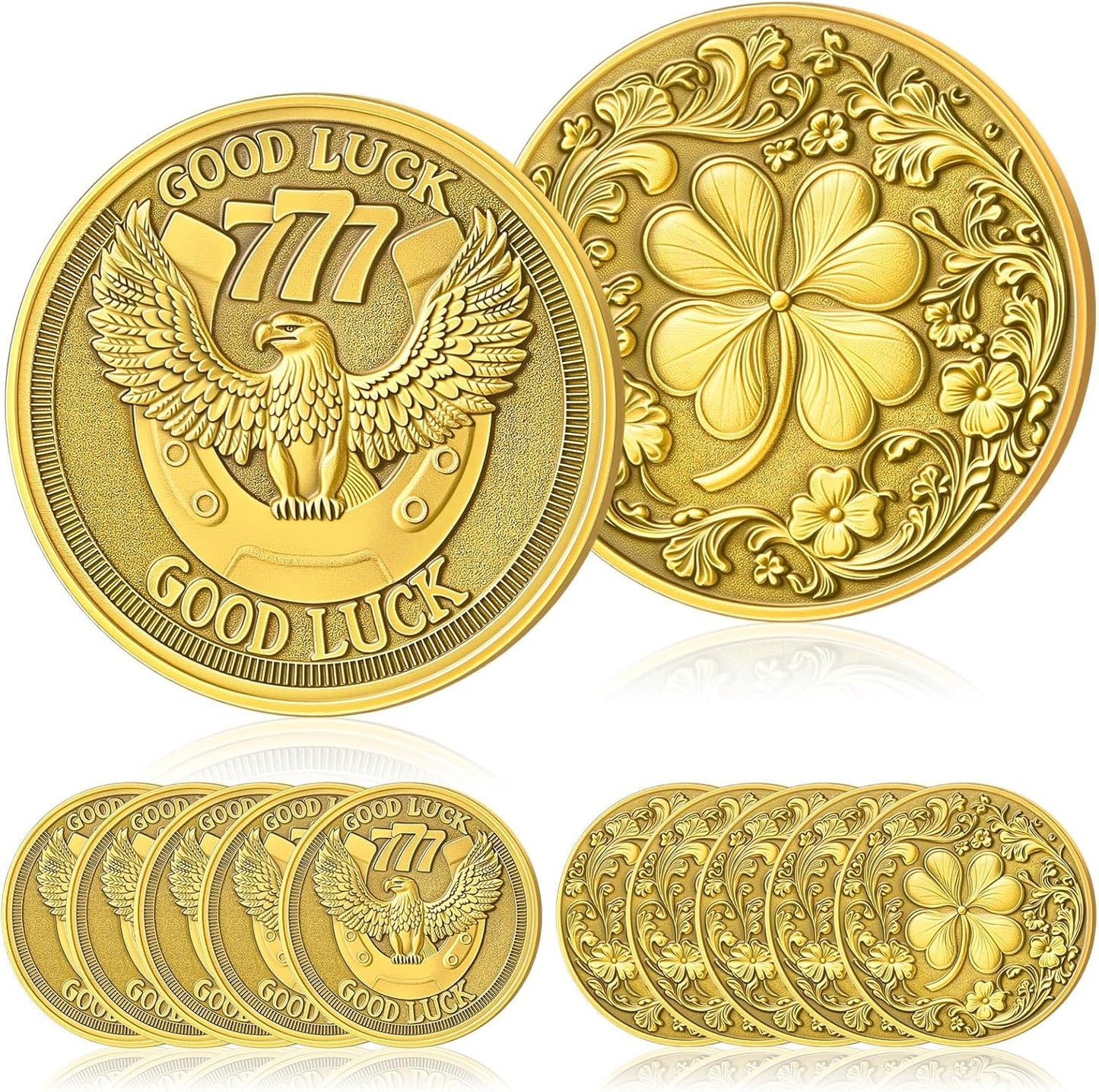Good Luck 777 Eagle Challenge Coin – Four Leaf Clover Gold Coin (12 Pack)