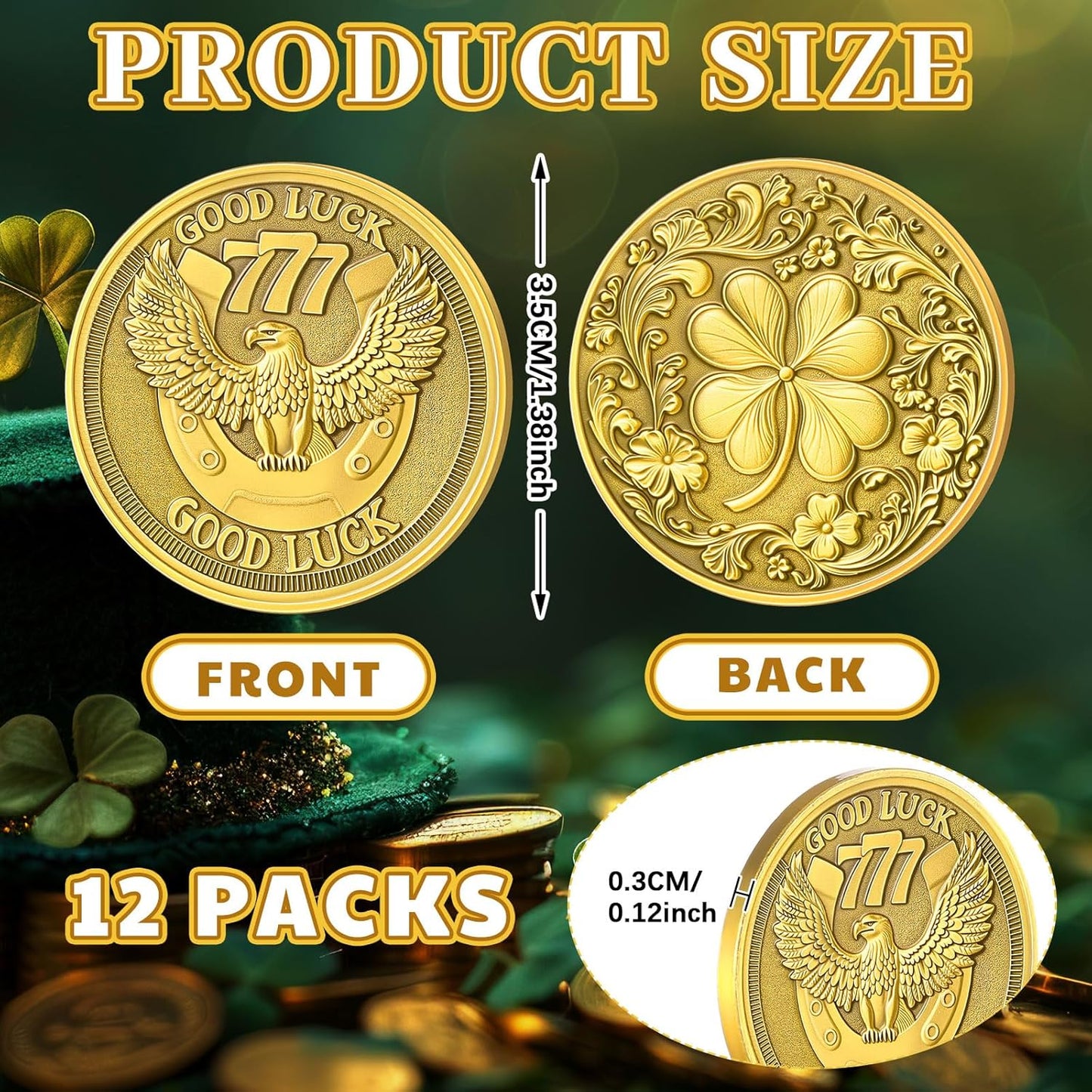 Good Luck 777 Eagle Challenge Coin – Four Leaf Clover Gold Coin (12 Pack)