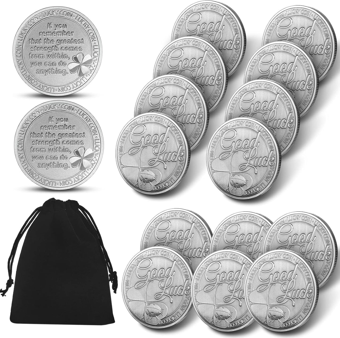 Good Luck Silver Coin with Velvet Pouch – Inspirational Lucky Coin (16 Pack)