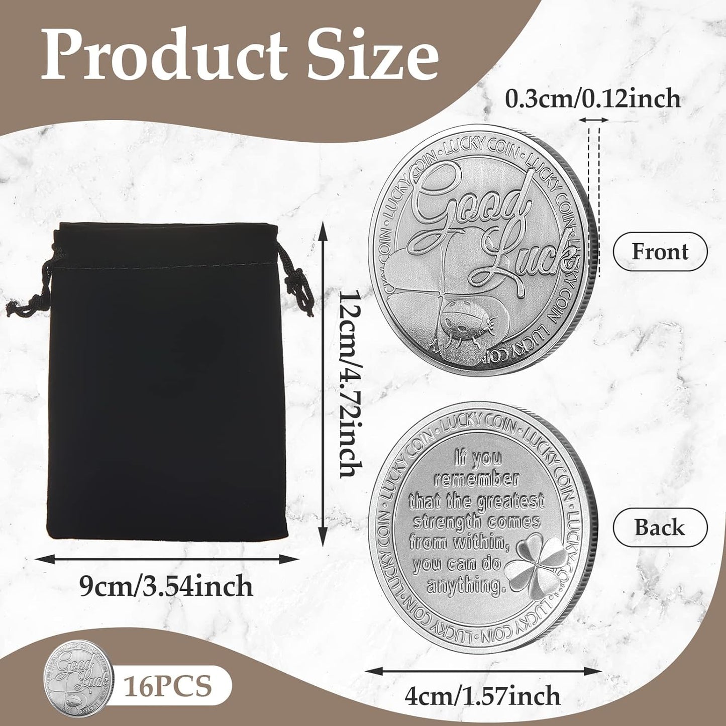 Good Luck Silver Coin with Velvet Pouch – Inspirational Lucky Coin (16 Pack)