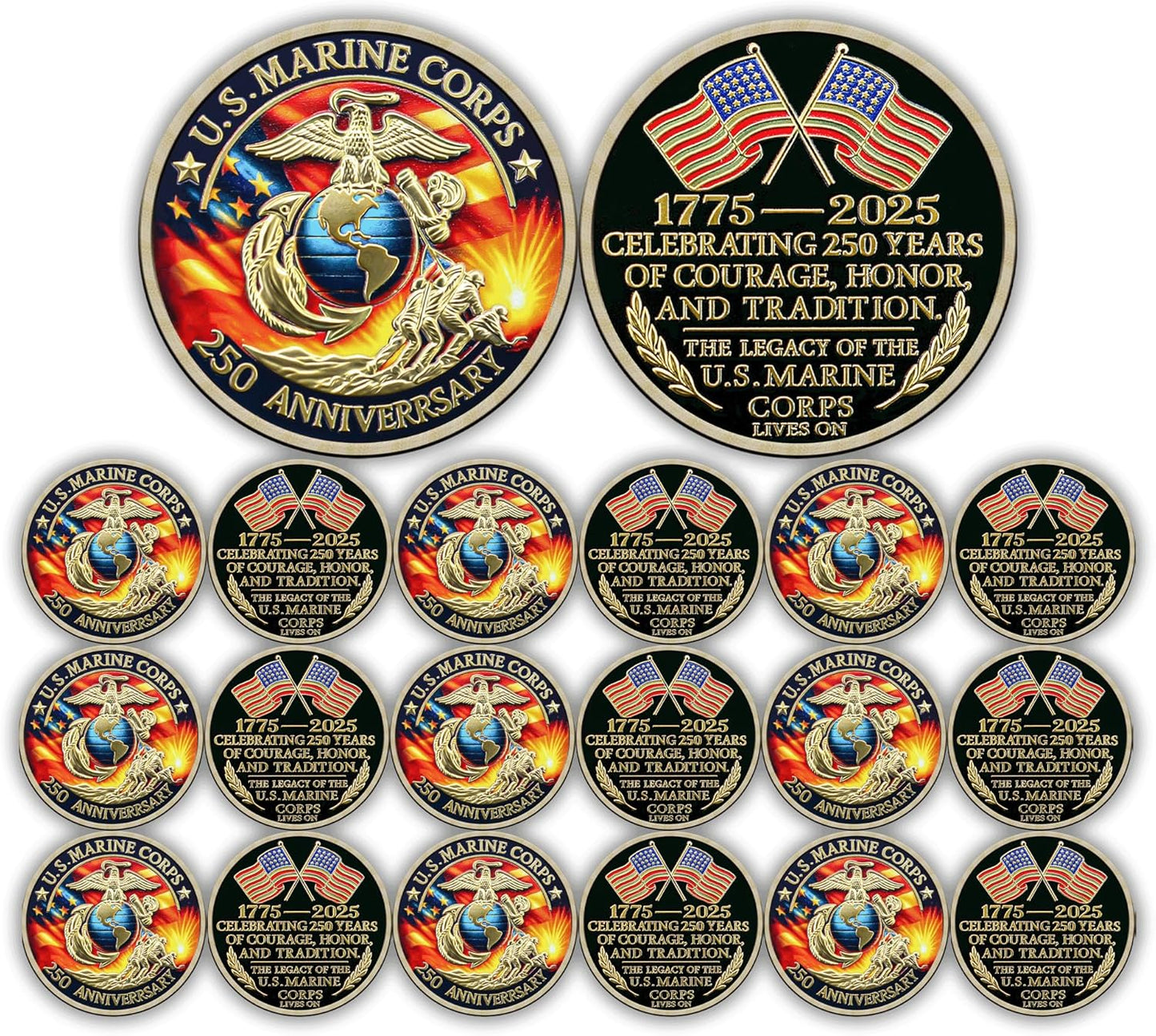 U.S. Marine Corps 250th Anniversary Challenge Coin – 1775-2025 Courage Honor Tradition (20 Pack)