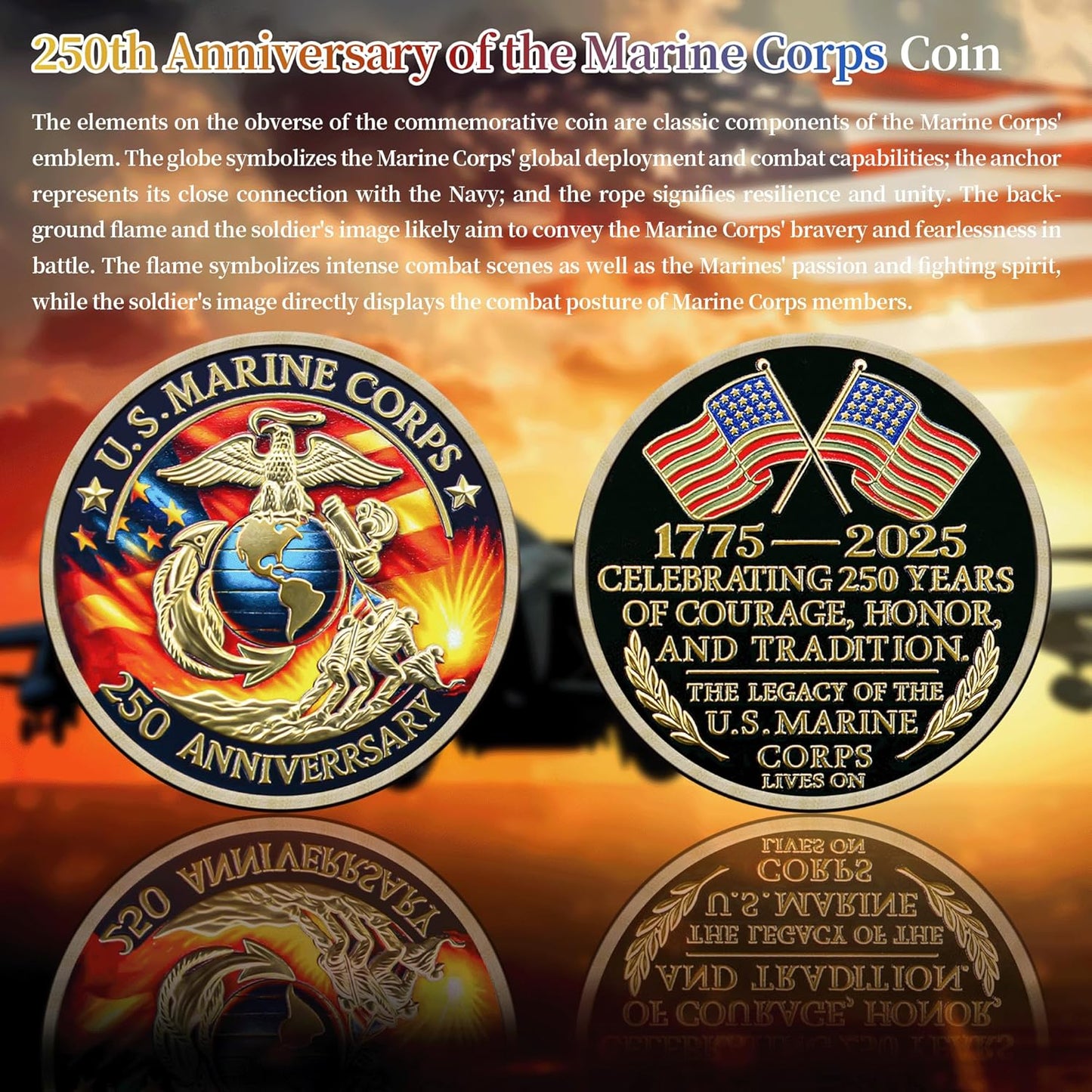 U.S. Marine Corps 250th Anniversary Challenge Coin – 1775-2025 Courage Honor Tradition (20 Pack)