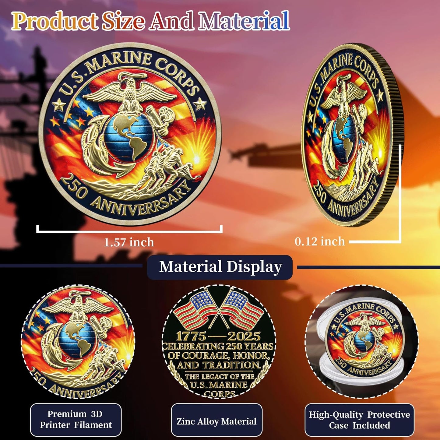 U.S. Marine Corps 250th Anniversary Challenge Coin – 1775-2025 Courage Honor Tradition (20 Pack)