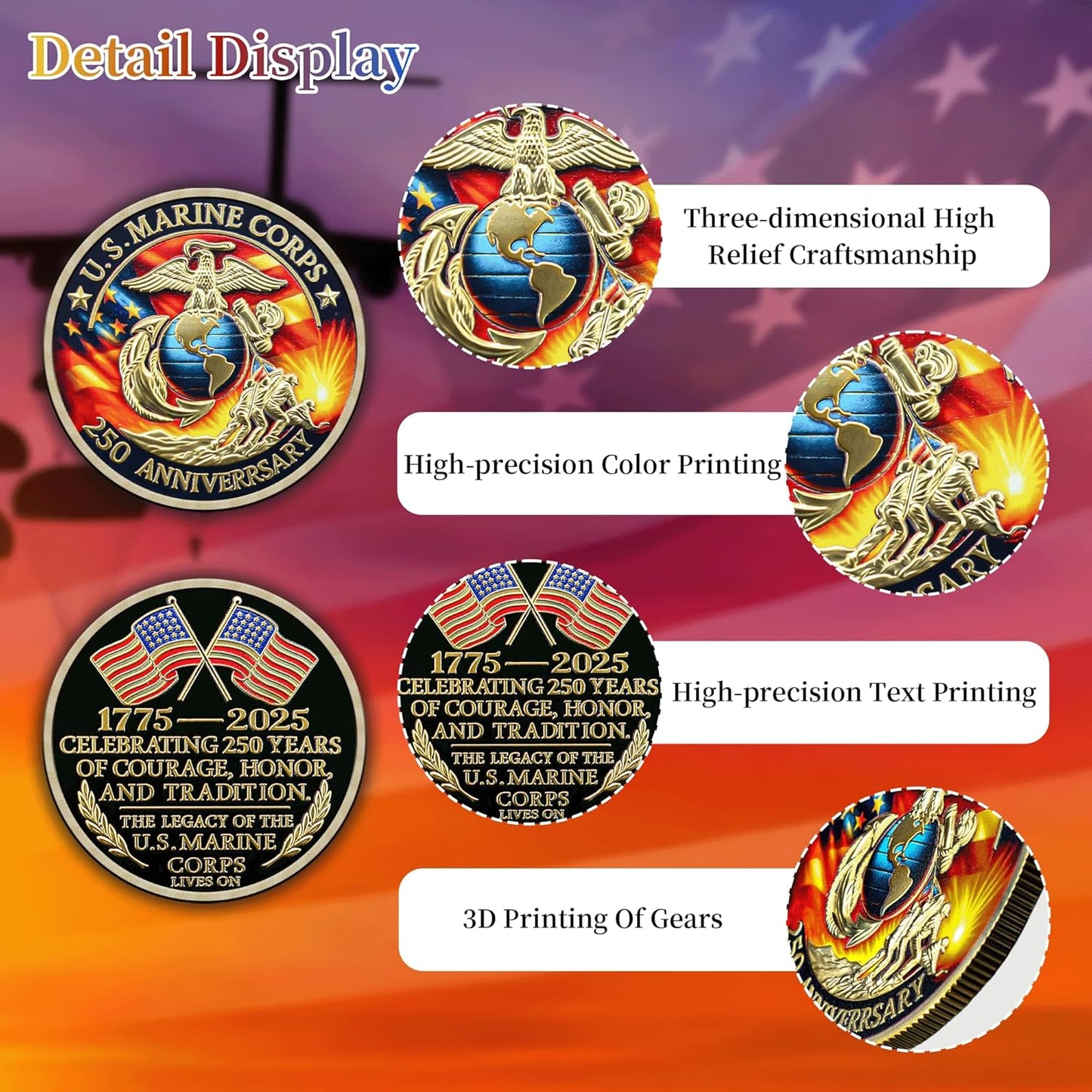 U.S. Marine Corps 250th Anniversary Challenge Coin – 1775-2025 Courage Honor Tradition (20 Pack)