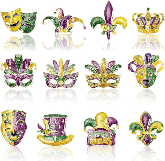 Mardi Gras Brooch Pins 12-Pack – Glitter Enamel Assorted Carnival Costume Pins
