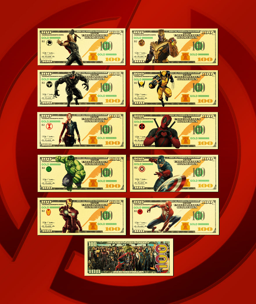 50 SETS (500 PCS TOTAL) MARVEL 24K GOLD BANKNOTE SETS-$3,000 RETAIL VALUE!