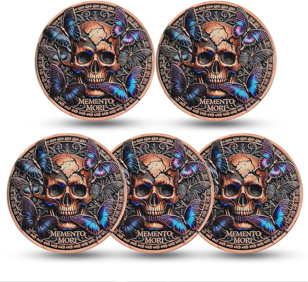 5 PACK 3D Memento Mori Skull & Butterfly Challenge Coin