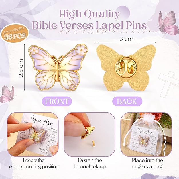 "You Are" Butterfly Bible Verse Lapel Pins — 36 Pack | Bulk Inspirational Christian Pins with Organza Bags