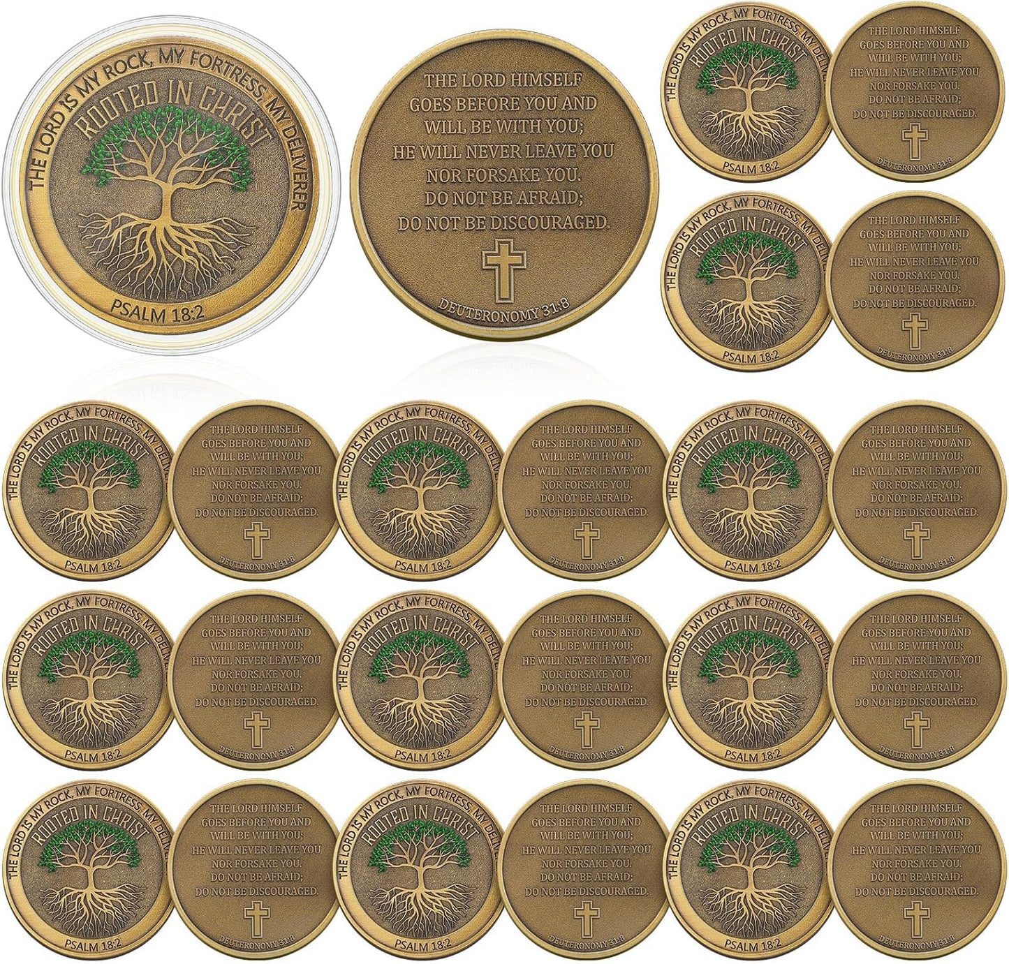 20 PCS Rooted in Christ Christian Challenge Coin — Psalm 18:2 & Deuteronomy 31:8