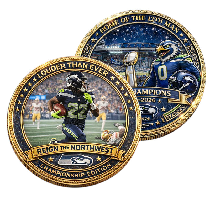 Seattle Seahawks NFC Champions 2025-2026 Challenge Coin – 40mm Gold “Reign the Northwest” Championship Edition