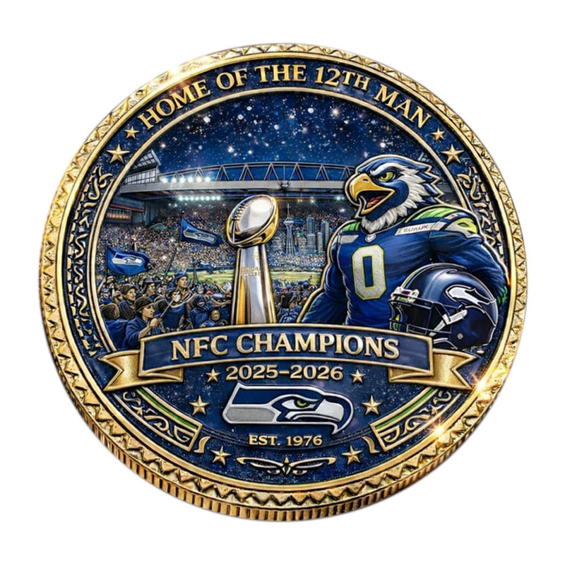 Seattle Seahawks NFC Champions 2025-2026 Challenge Coin – 40mm Gold “Reign the Northwest” Championship Edition