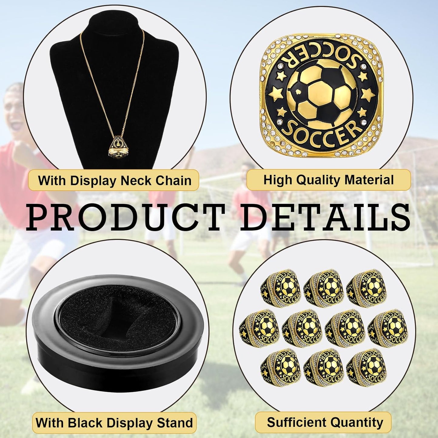 ⚽ 10 Pack Soccer Championship Ring Gold with Stand & Chain — Youth & Adult Sports