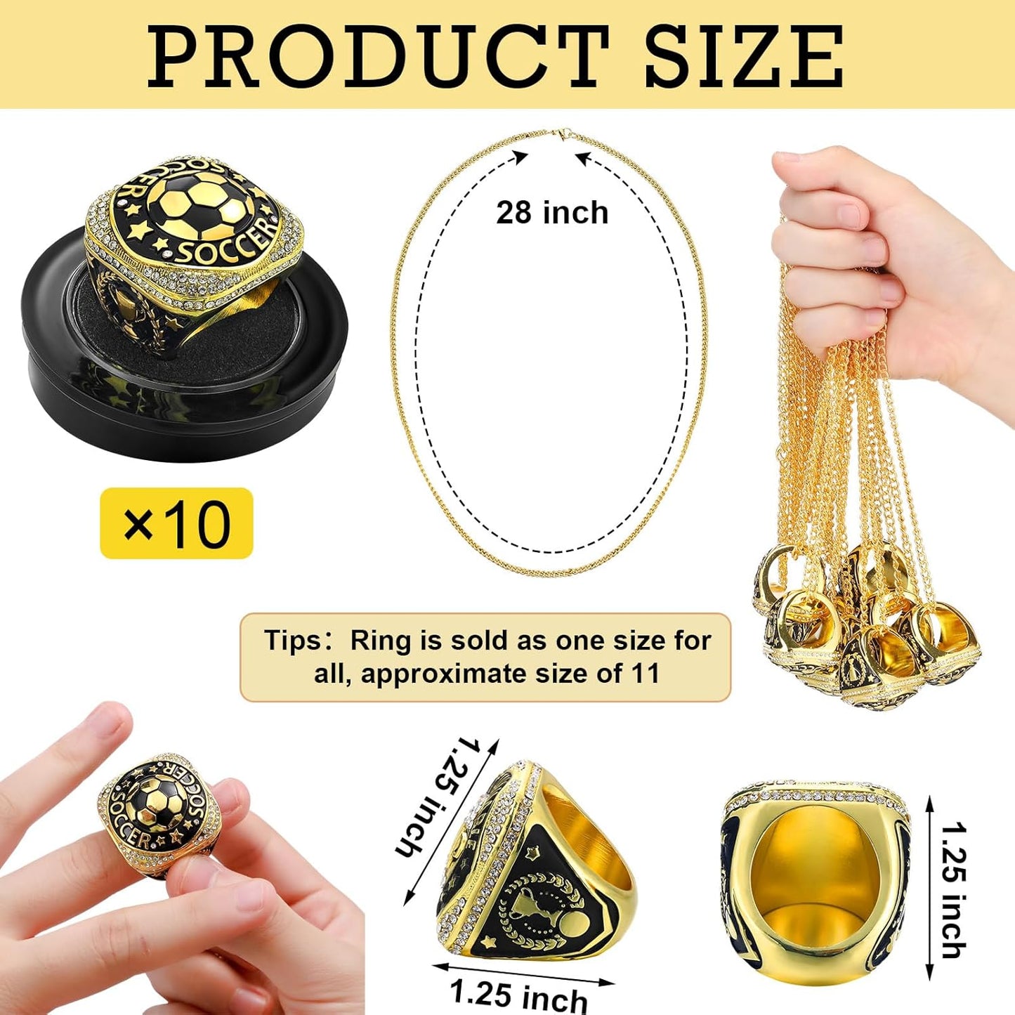 ⚽ 10 Pack Soccer Championship Ring Gold with Stand & Chain — Youth & Adult Sports