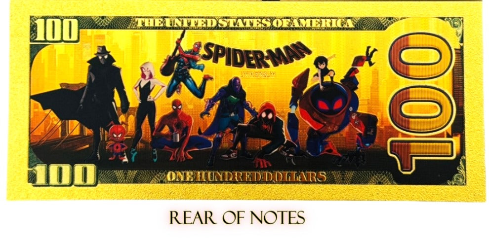 Spider-Man Into the Spider-Verse 24K Gold Foil Banknote Set – 8 Pc | $100 Collectible Currency