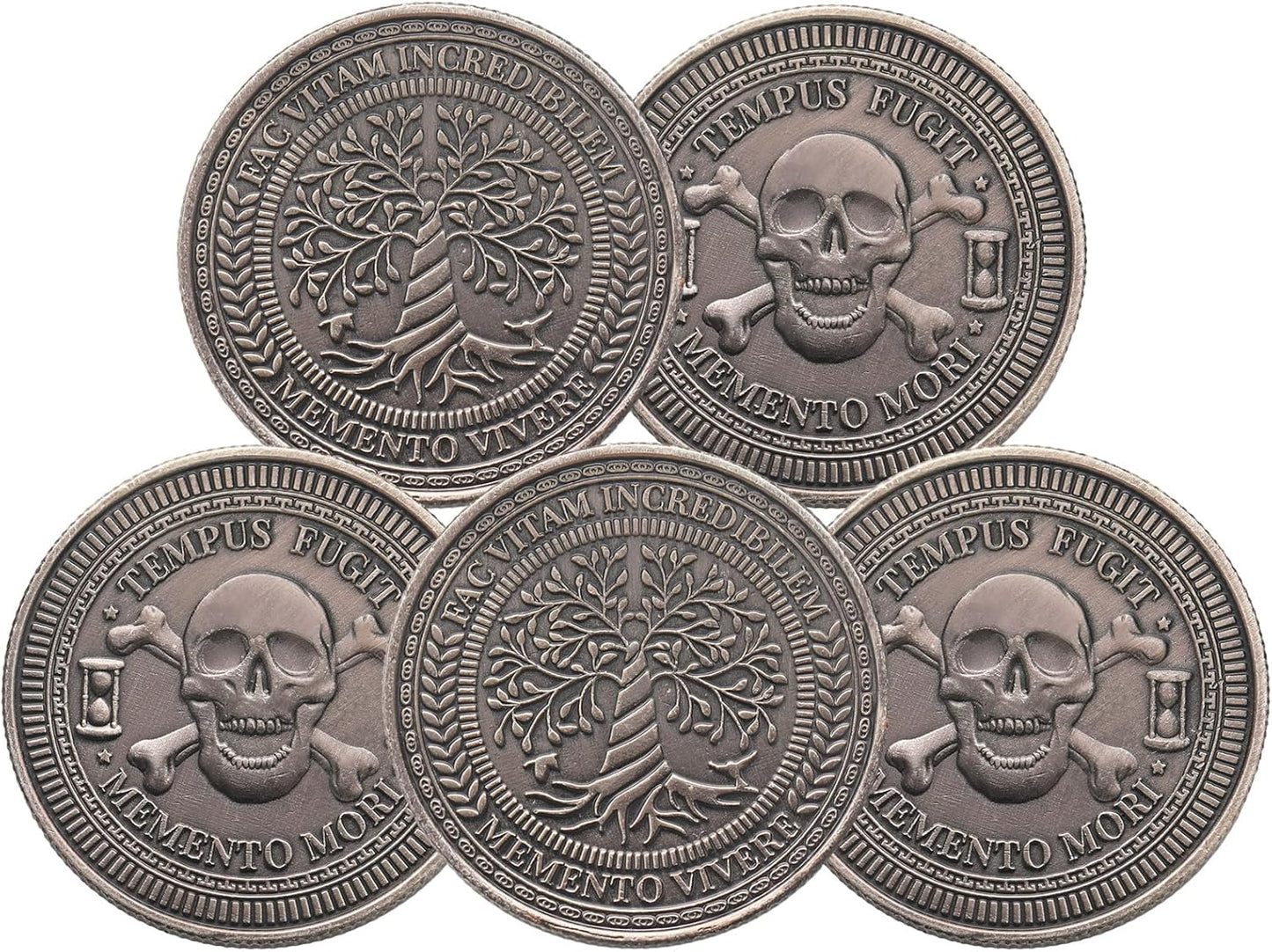 5/10 PACK Memento Mori Challenge Coin – Tempus Fugit • Memento Vivere (Antique Silver)