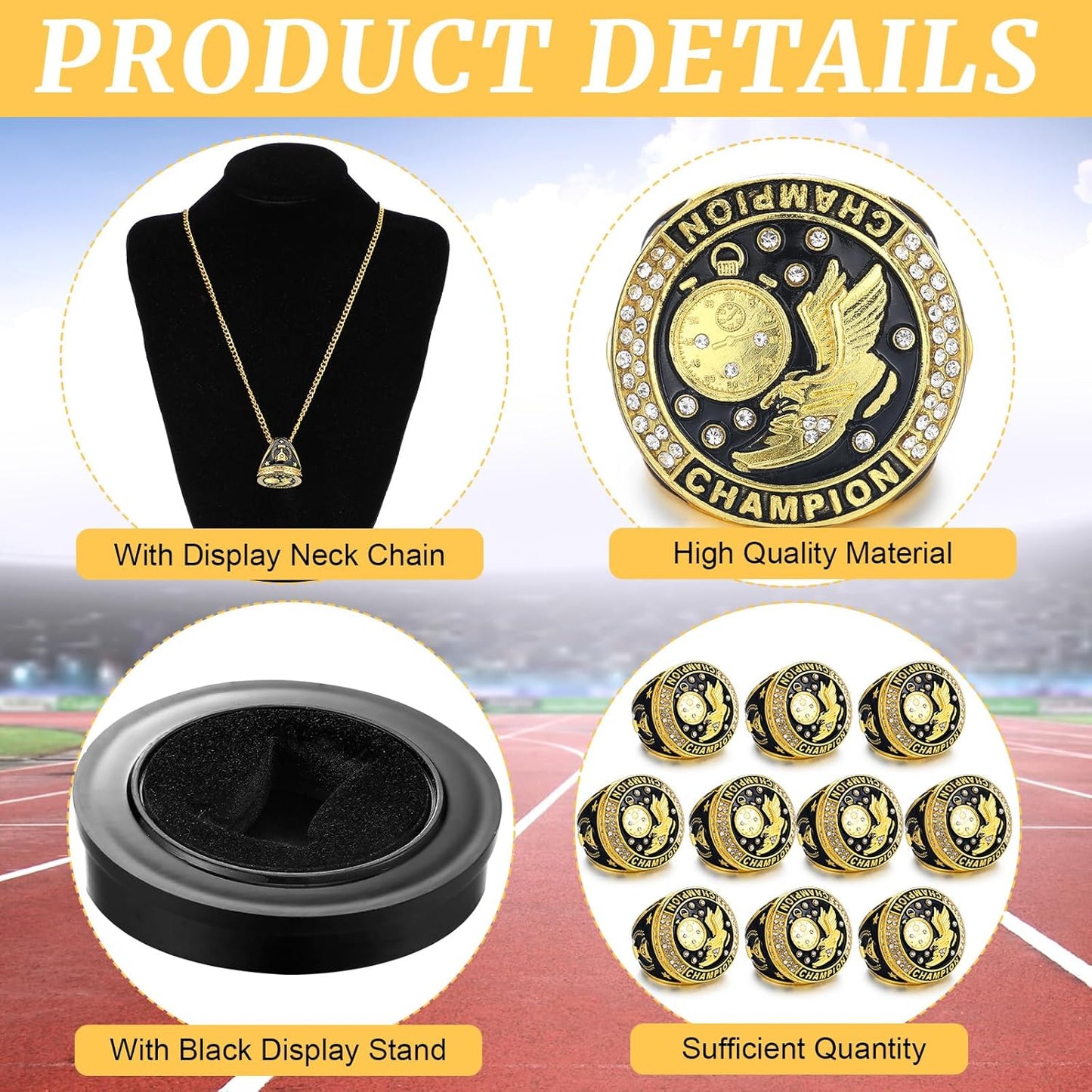 10 Pack Track & Field Championship Rings with Display Stand and Chain