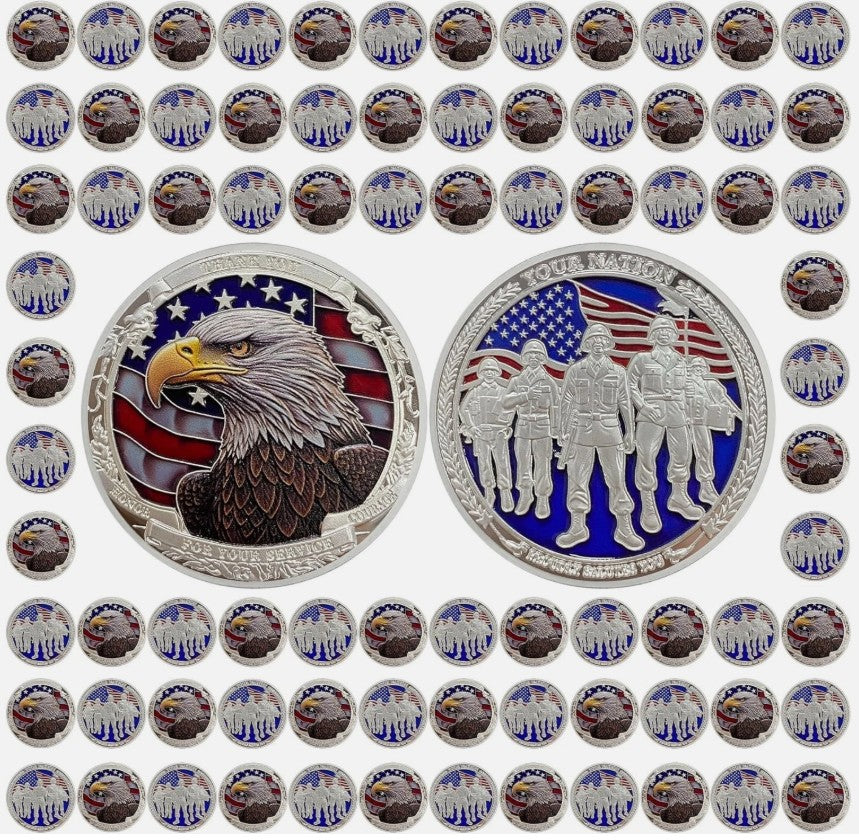 USA Veteran Thank You For Your Service Challenge Coin – Bald Eagle & American Soldiers (50 Pack)