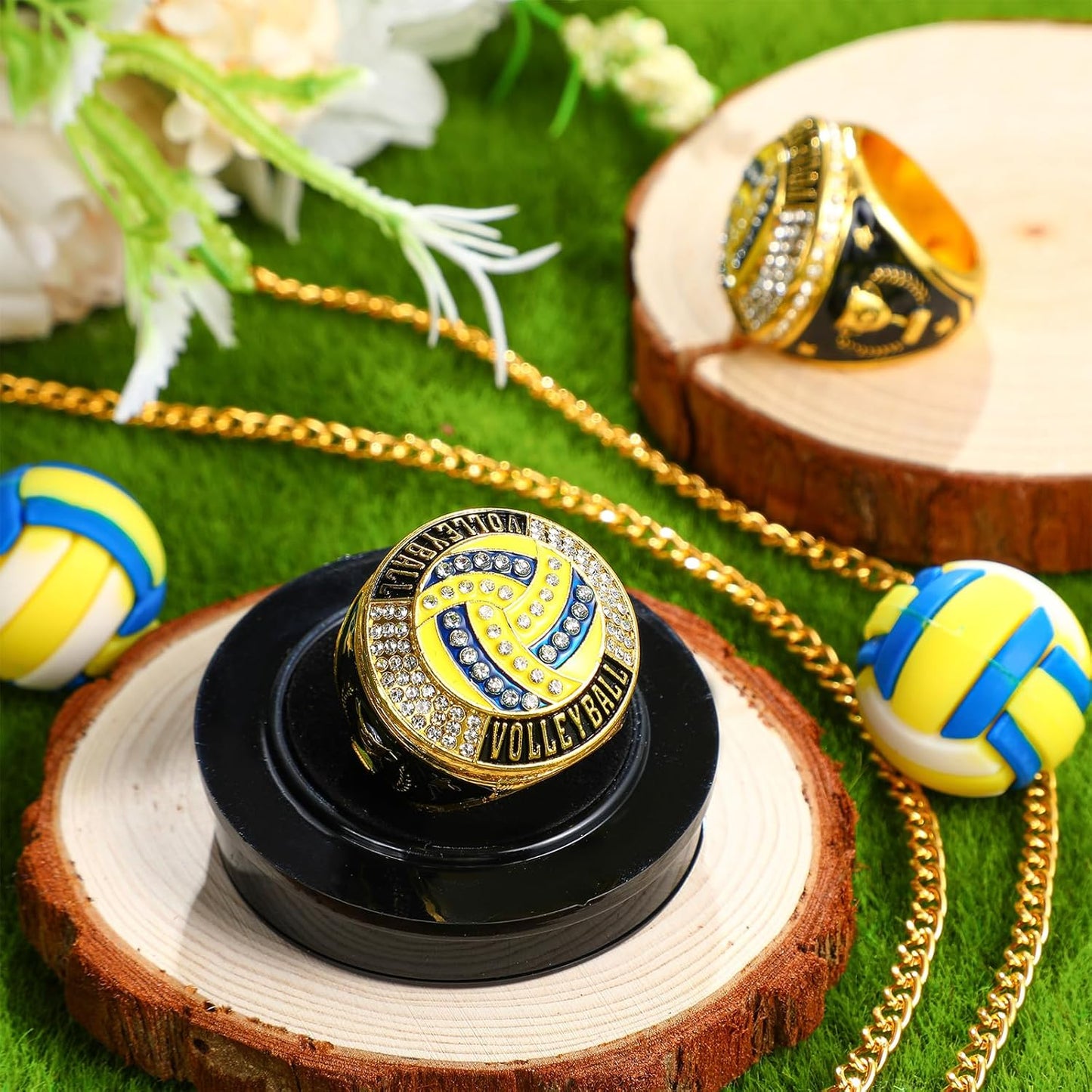 🏐 10 Pack Volleyball Championship Ring Gold with Stand & Chain — Youth & Adult Sports