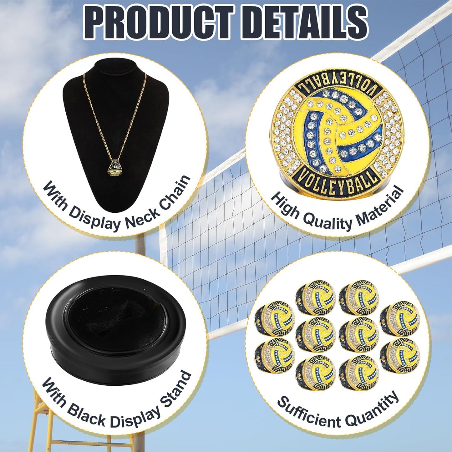 🏐 10 Pack Volleyball Championship Ring Gold with Stand & Chain — Youth & Adult Sports