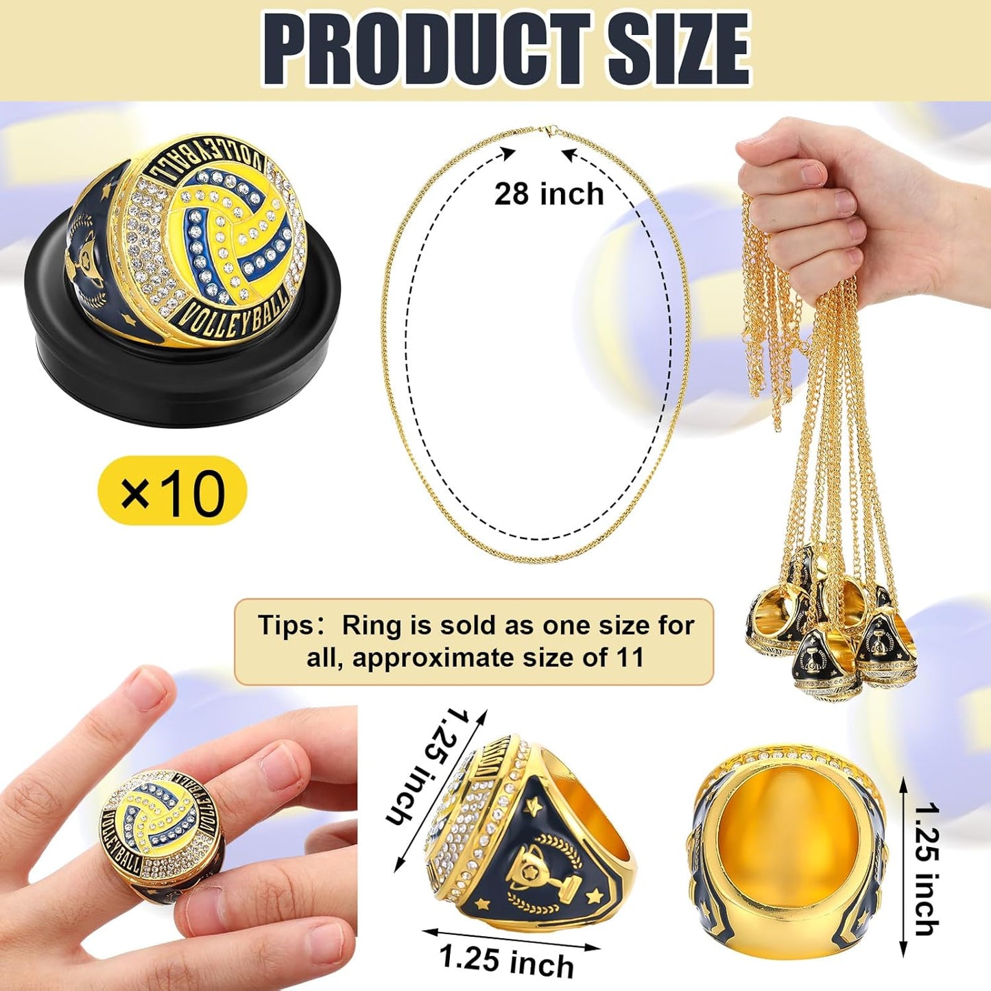 🏐 10 Pack Volleyball Championship Ring Gold with Stand & Chain — Youth & Adult Sports