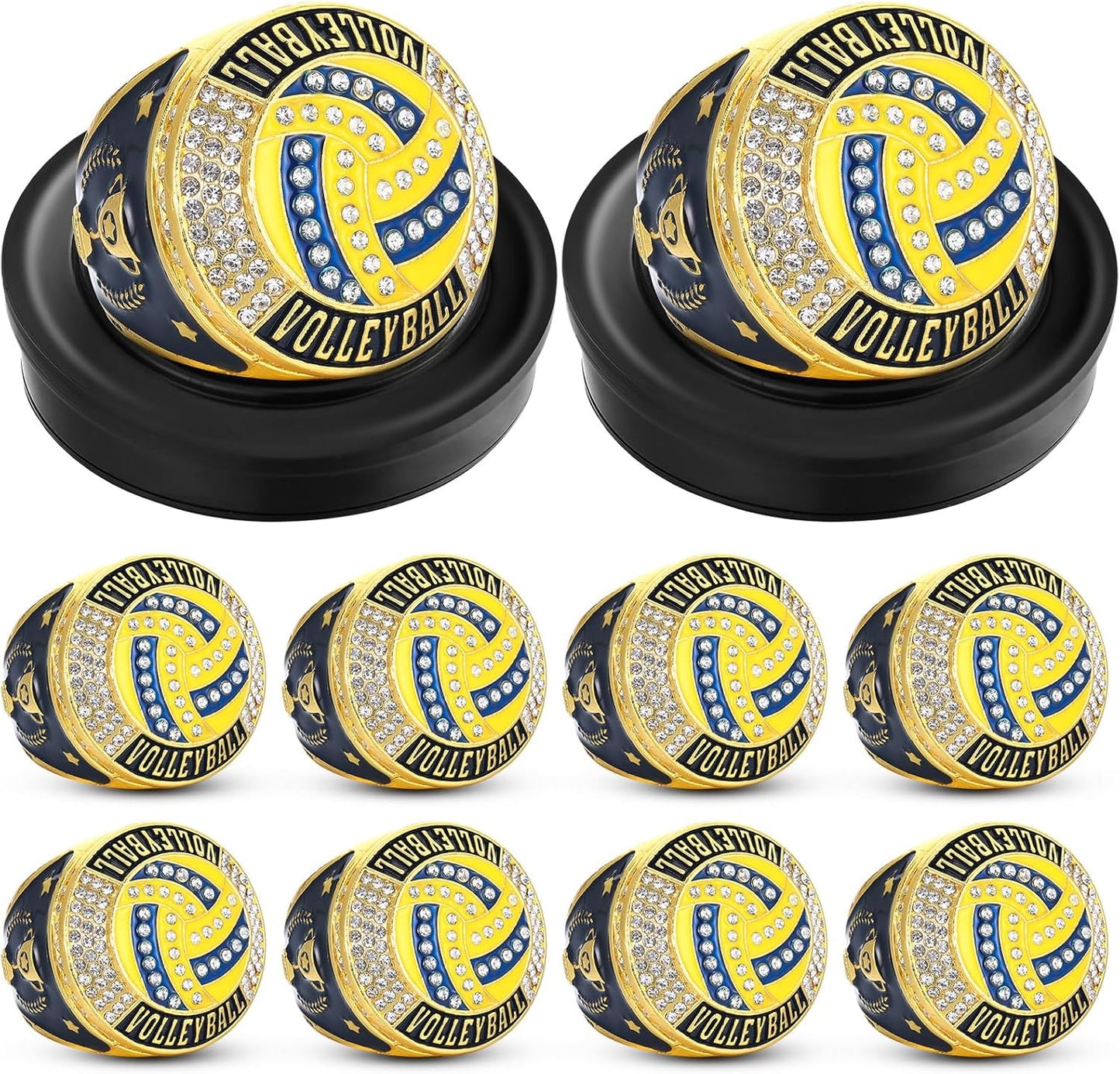 🏐 10 Pack Volleyball Championship Ring Gold with Stand & Chain — Youth & Adult Sports