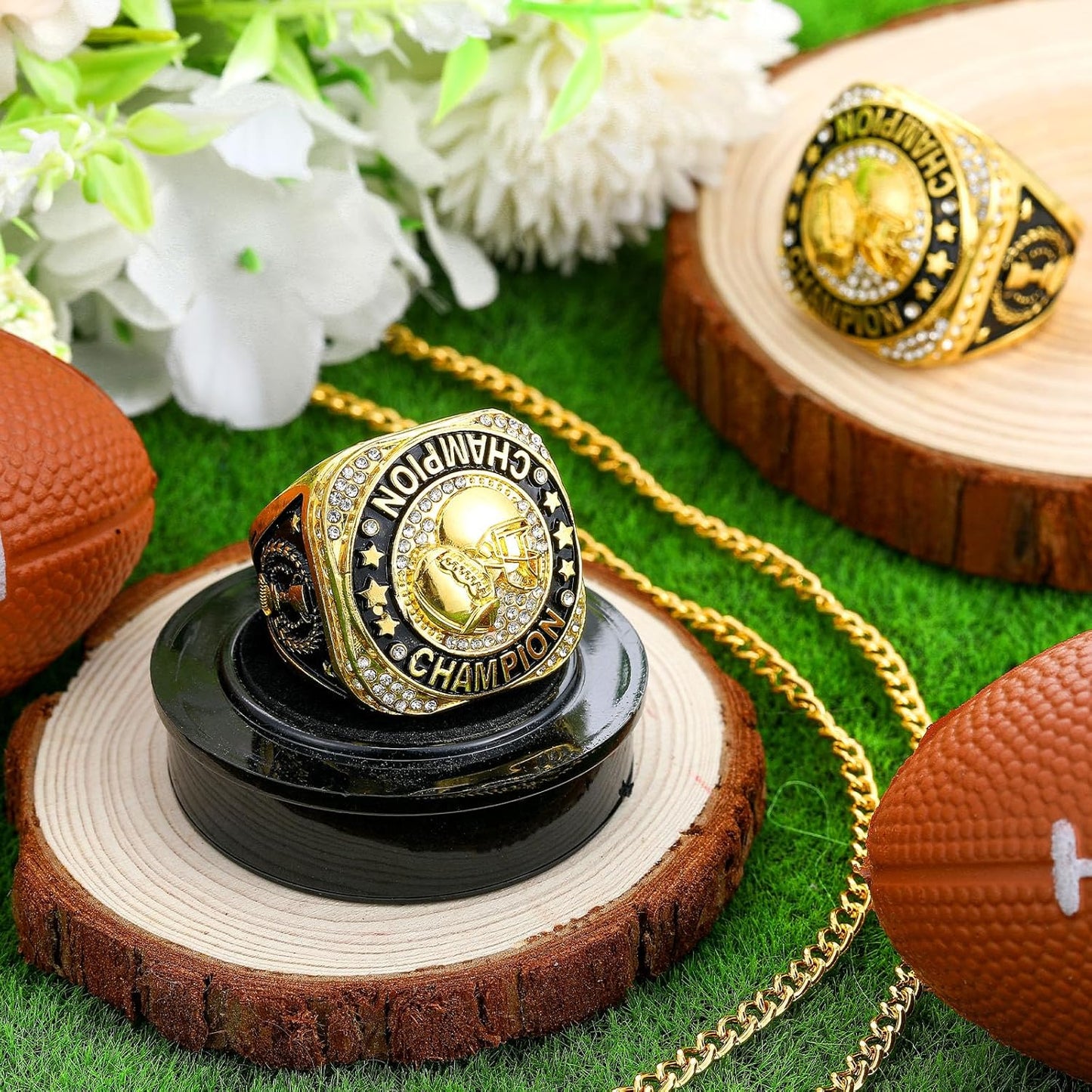 🏈 10 Pack Football Championship Ring Gold with Stand & Chain — Youth & Adult Sports