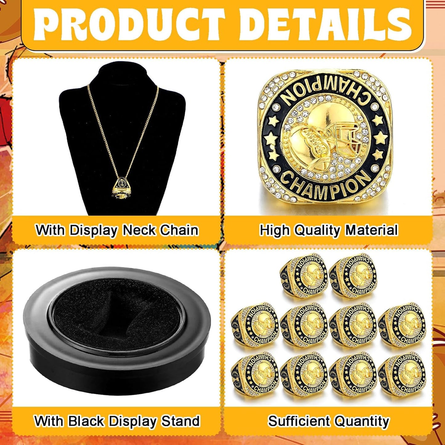 🏈 10 Pack Football Championship Ring Gold with Stand & Chain — Youth & Adult Sports