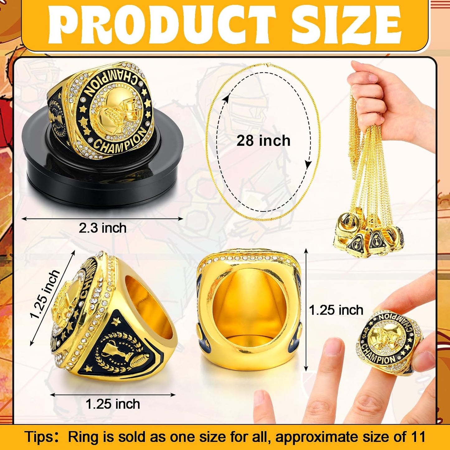 🏈 10 Pack Football Championship Ring Gold with Stand & Chain — Youth & Adult Sports