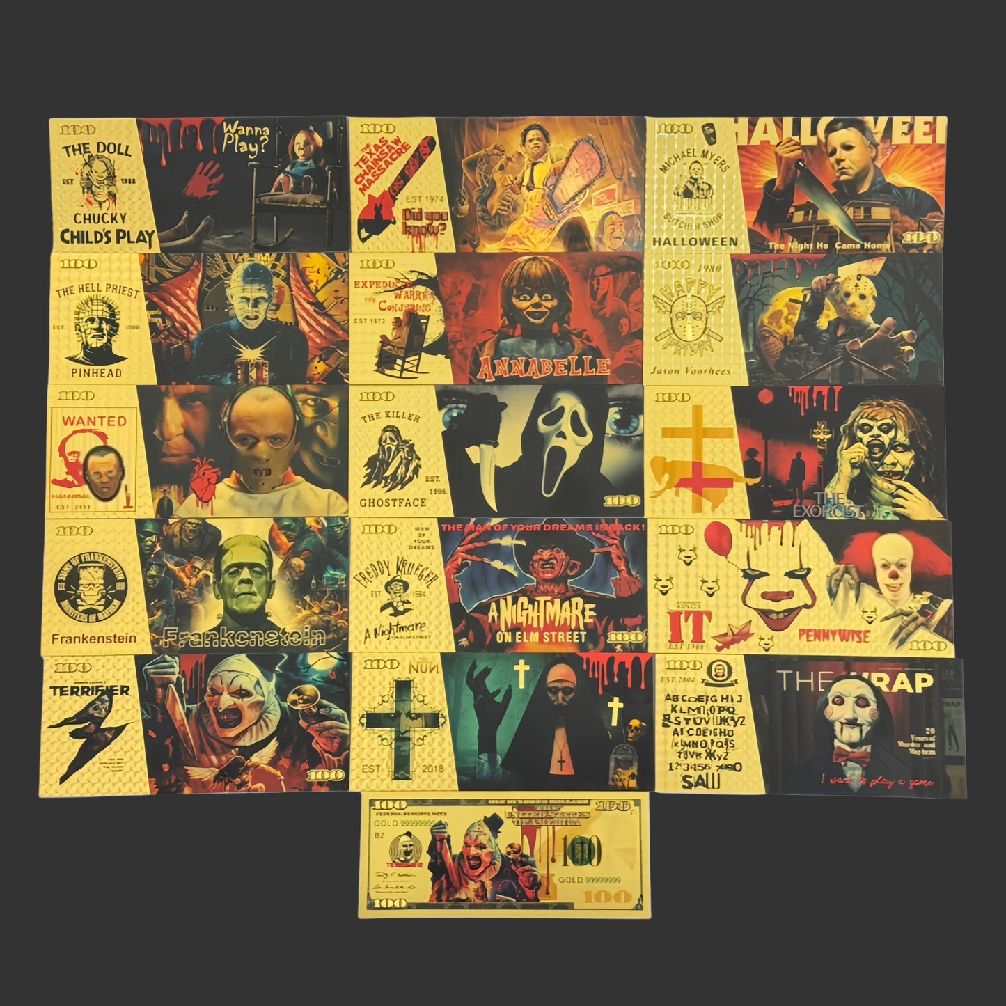 Horror Icons 24K Gold Foil Banknote Set – 16 Pc | Classic Horror Movie Collectible Currency