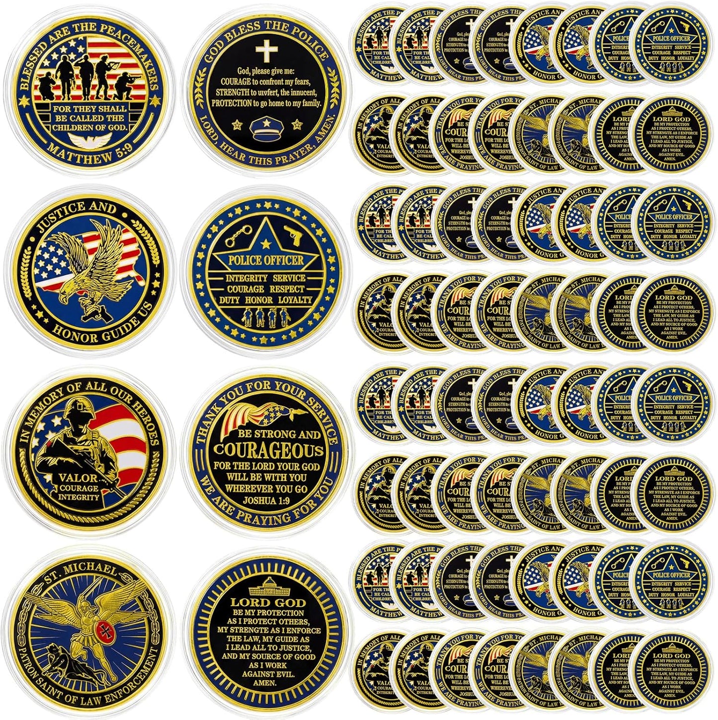 60 Piece Police Challenge Coin Set — 4 Designs | God Bless the Police | Law Enforcement Gift