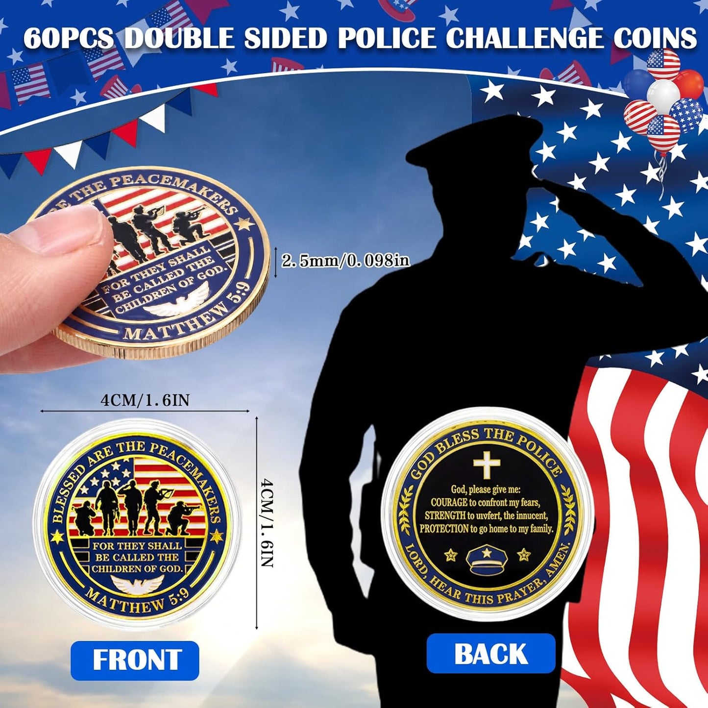 60 Piece Police Challenge Coin Set — 4 Designs | God Bless the Police | Law Enforcement Gift