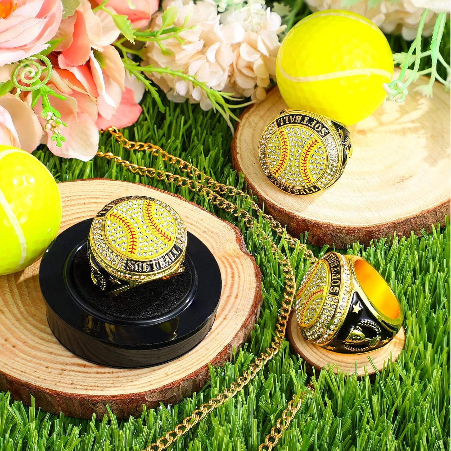 10 Pack Softball Championship Rings with Display Stand and Chain