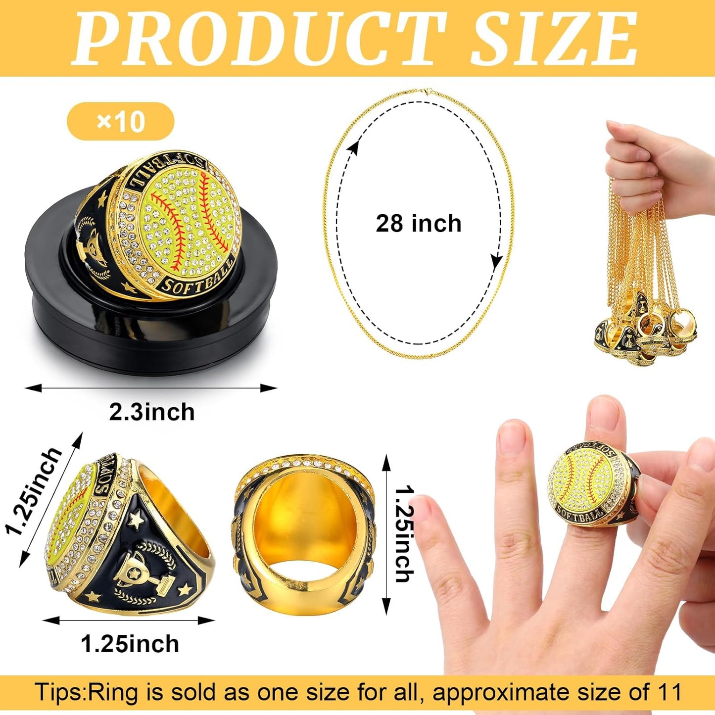 10 Pack Softball Championship Rings with Display Stand and Chain