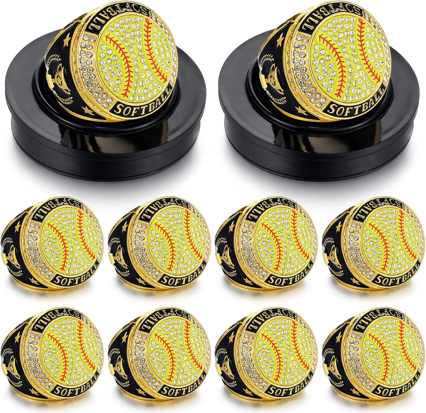 10 Pack Softball Championship Rings with Display Stand and Chain