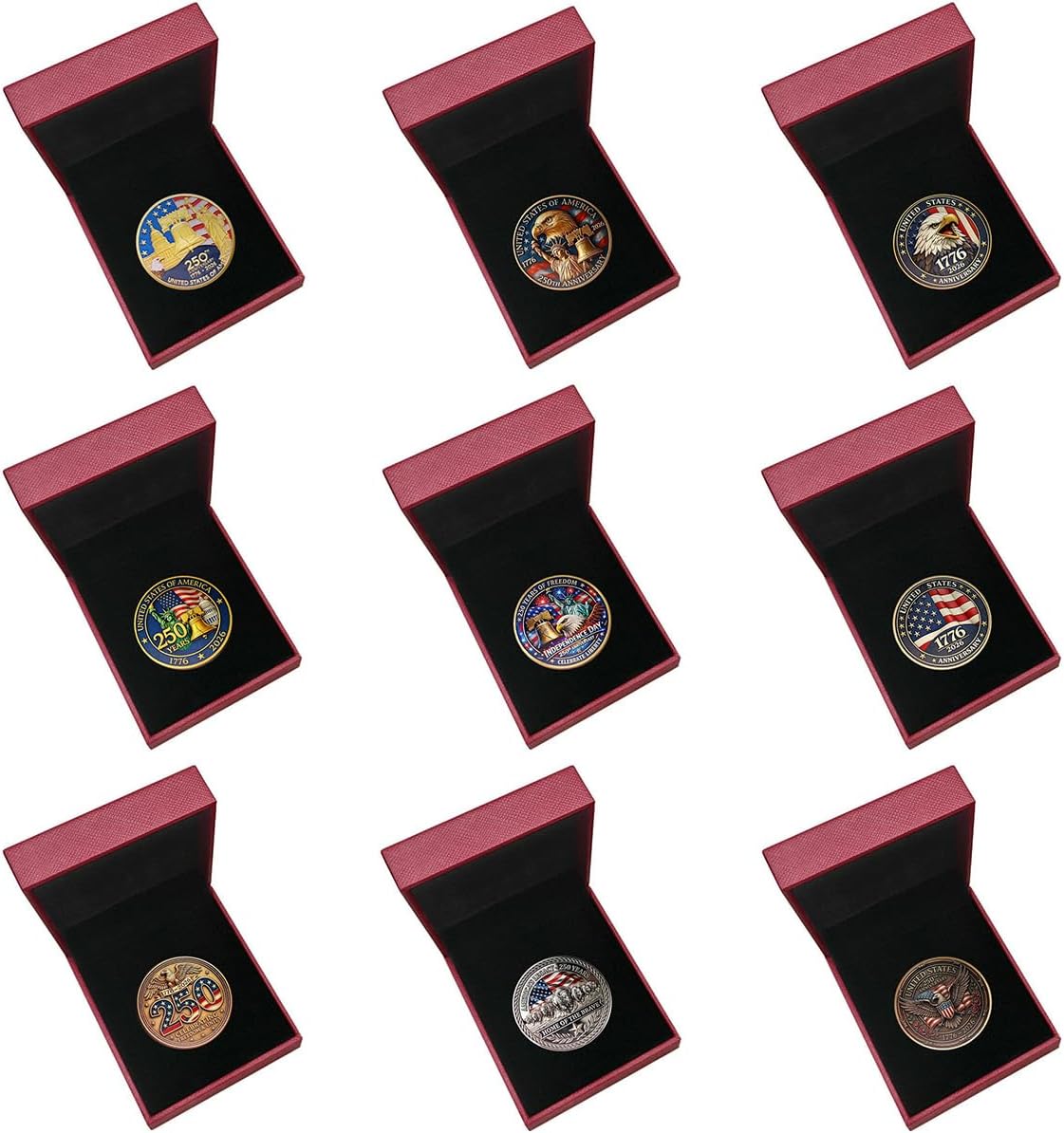 USA 250th Anniversary Challenge Coin Set – 10 Coins with Display Boxes (1776-2026)