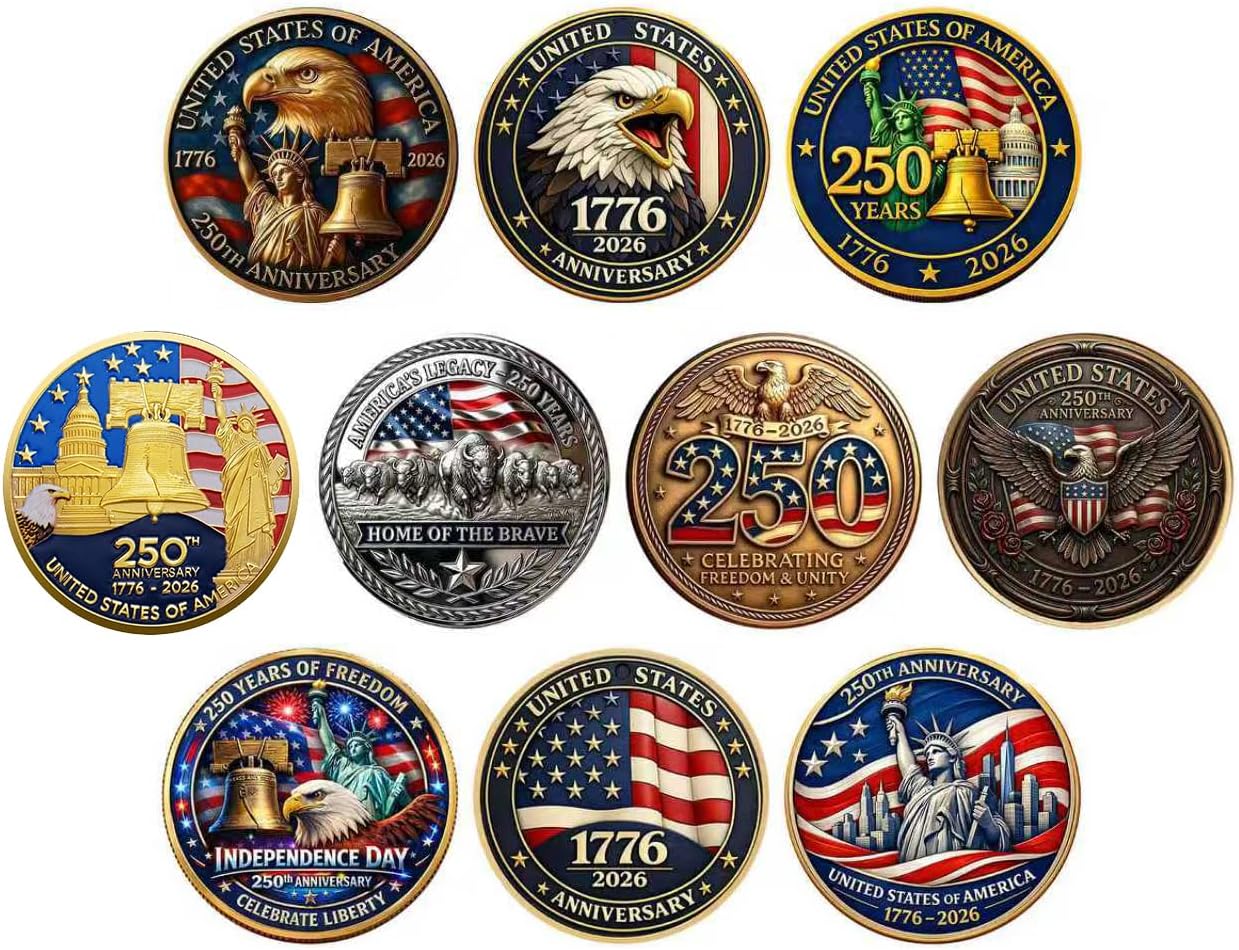 USA 250th Anniversary Challenge Coin Set – 10 Coins with Display Boxes (1776-2026)