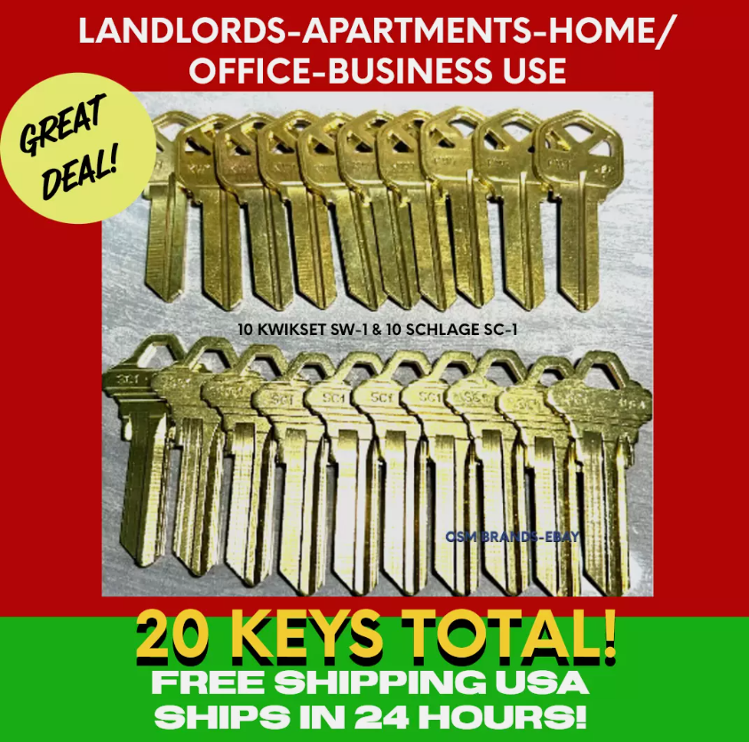 20 BRASS House KEY BLANKS-Mixed 10 SC-1-10 KW-1