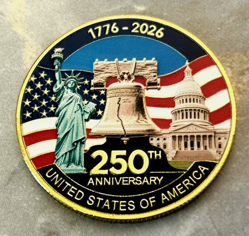 Coin celebrating the 250th anniversary of the United States with the Statue of Liberty, Liberty Bell, and Capitol Building.