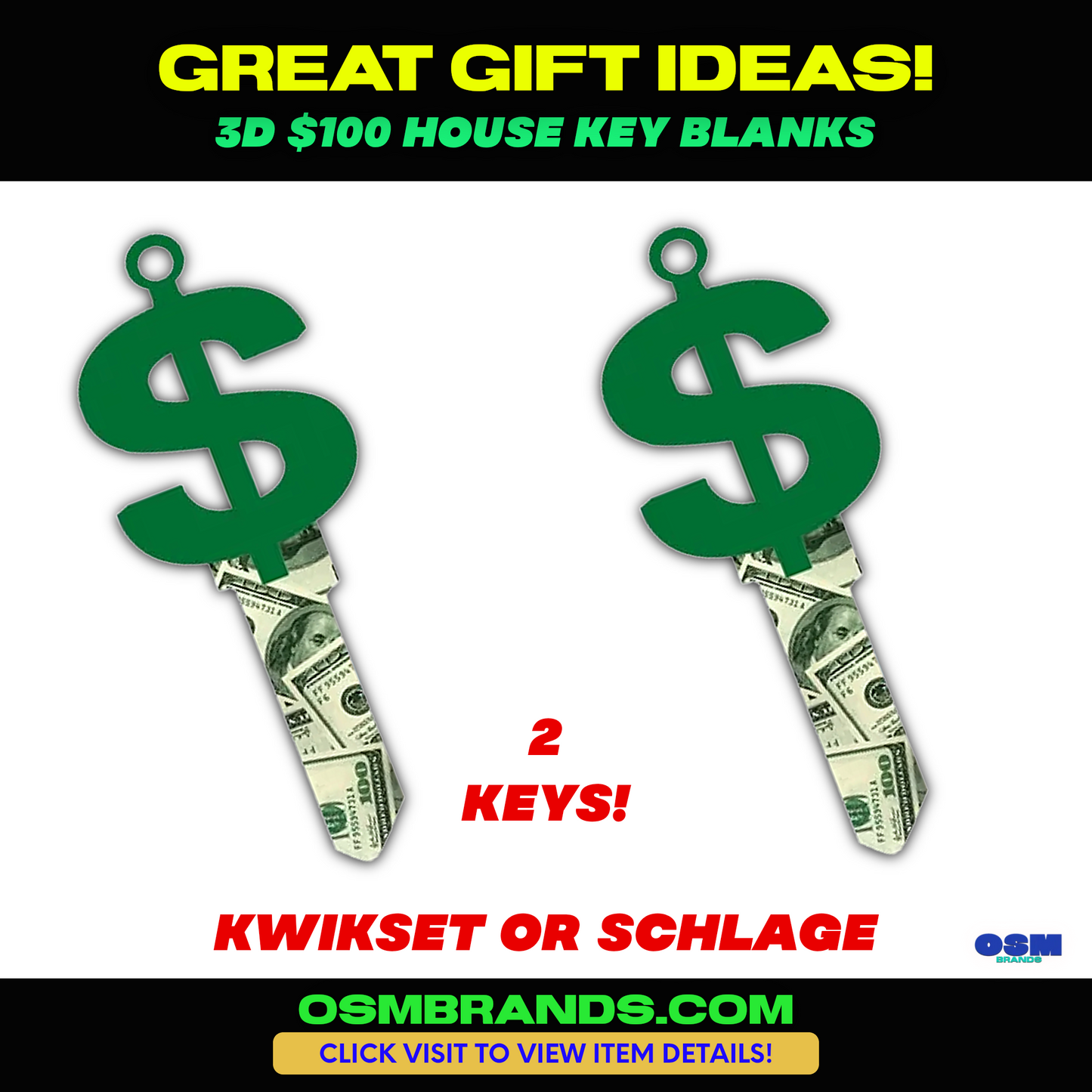 2 PK 3D DOLLAR SIGN House Key Blank for KWIKSET OR SCHLAGE