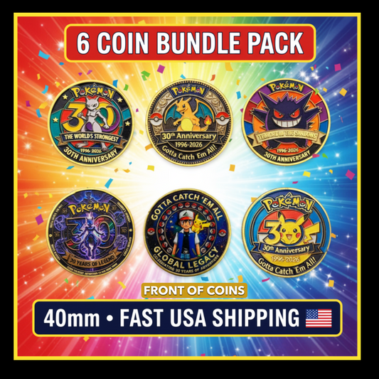 6pc Pokémon 30th Anniversary Challenge Coin Set - Collectible Medal Coin Bundle