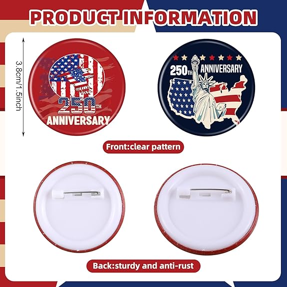 50 Pcs Patriotic 250th Birthday Buttons Pins Bulk 1.5 Inch Round 250th Anniversary Celebrating USA Pin Back Button Badges Patriots' Day Independence Day Decorations for Women Men Backpack Bags