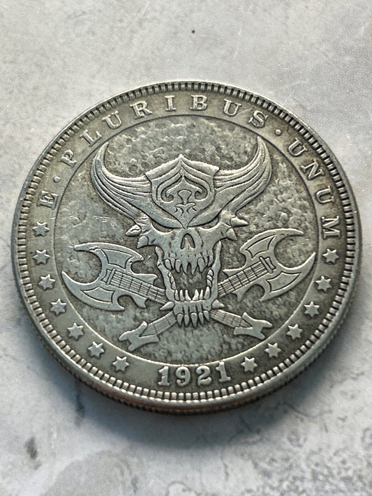 1921 Morgan Dollar Novelty Coin – Hobo Nickel Style Skull & Electric Guitars | E Pluribus Unum (38mm)