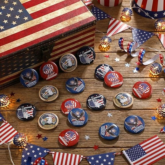 50 Pcs Patriotic 250th Birthday Buttons Pins Bulk 1.5 Inch Round 250th Anniversary Celebrating USA Pin Back Button Badges Patriots' Day Independence Day Decorations for Women Men Backpack Bags