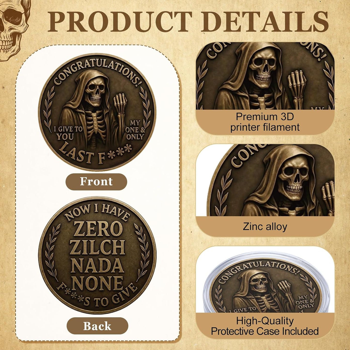 Zero F***s to Give Challenge Coin – Grim Reaper Novelty Coin