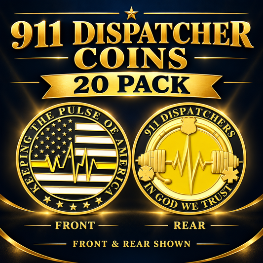 911 Dispatcher coins 20-pack cover with deep navy and gold background, front and rear shown