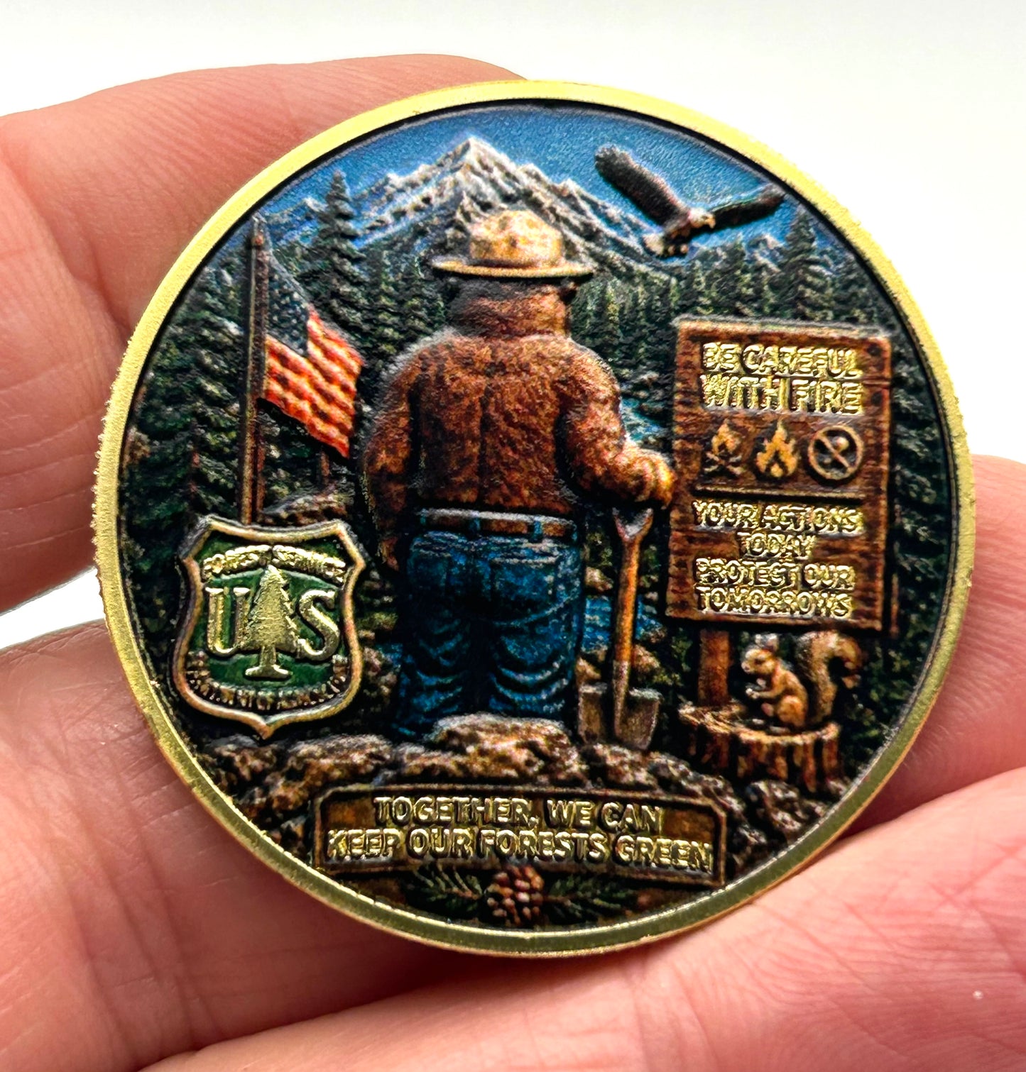 Smokey the Bear US Forest Service Challenge Coin – 40mm Antique Gold