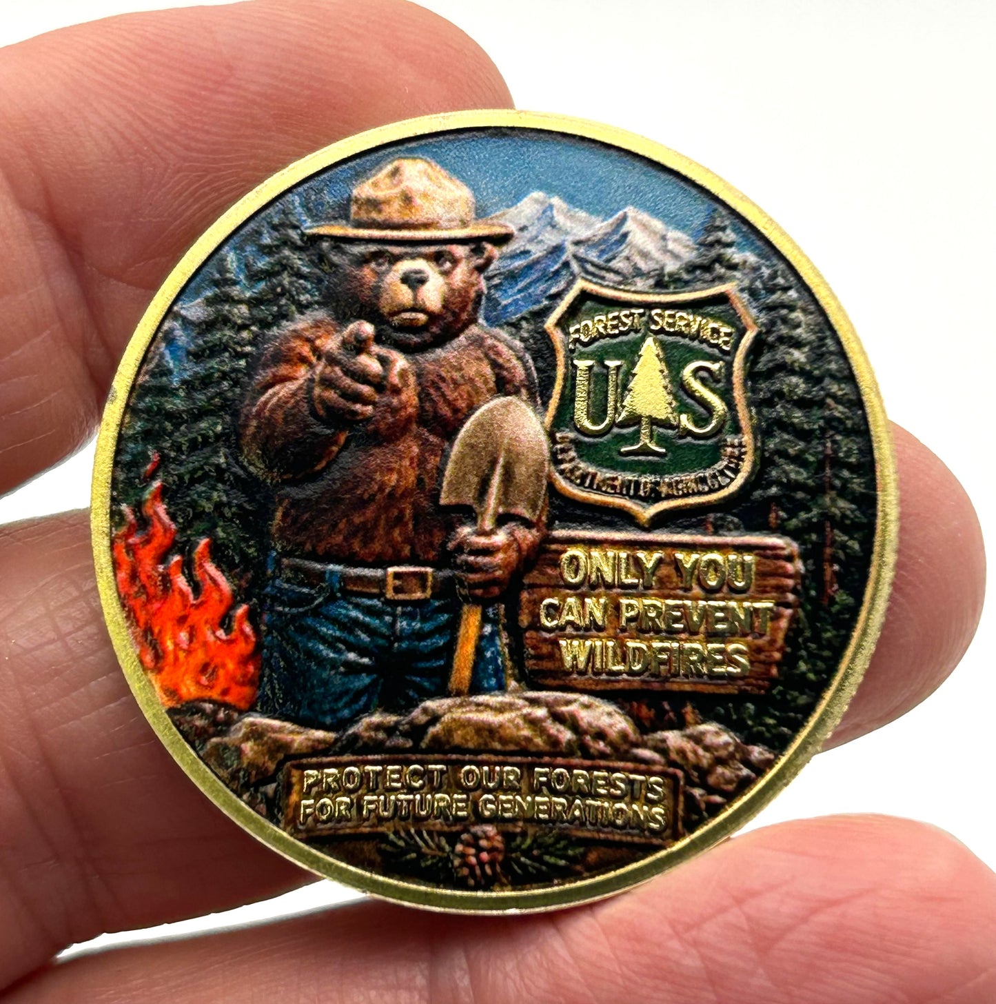 Smokey the Bear US Forest Service Challenge Coin – 40mm Antique Gold