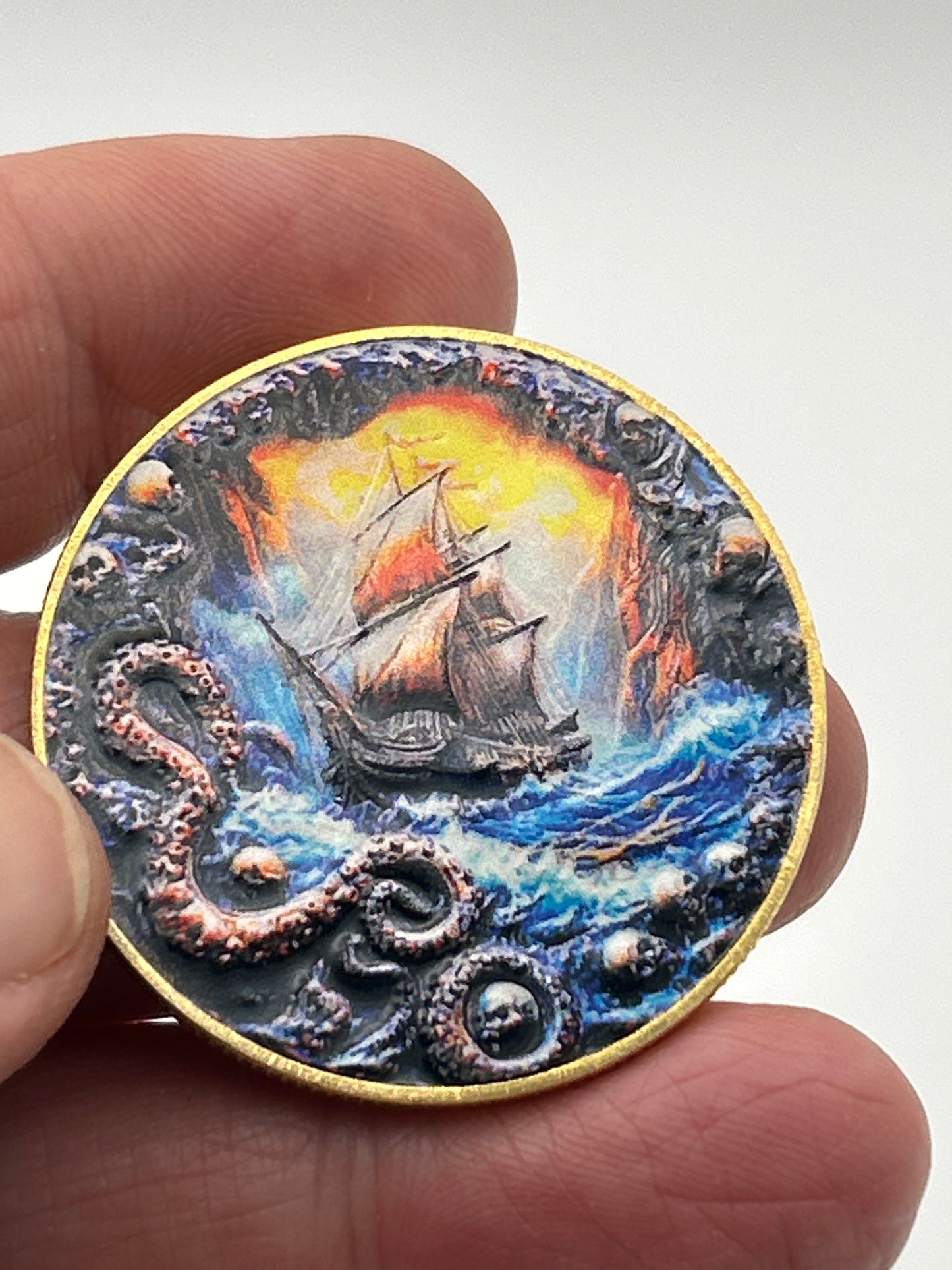 Pirate Captain Challenge Coin – Golf Ball Marker | Vivid Color Gold Rim (40mm)
