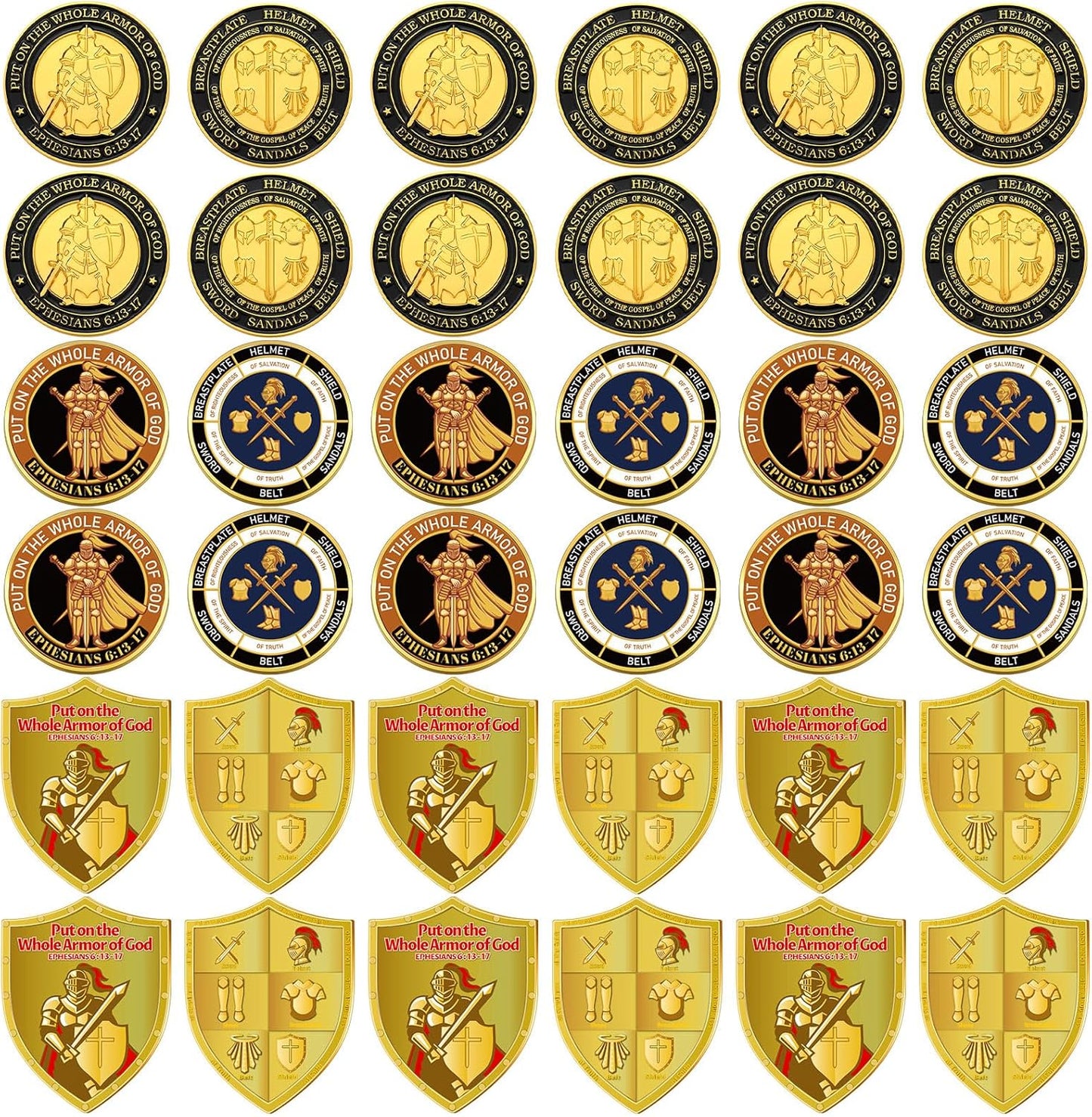 Armor of God Challenge Coin & Shield Token Set – Ephesians 6:13-17 • 3 Styles (36 Pack)