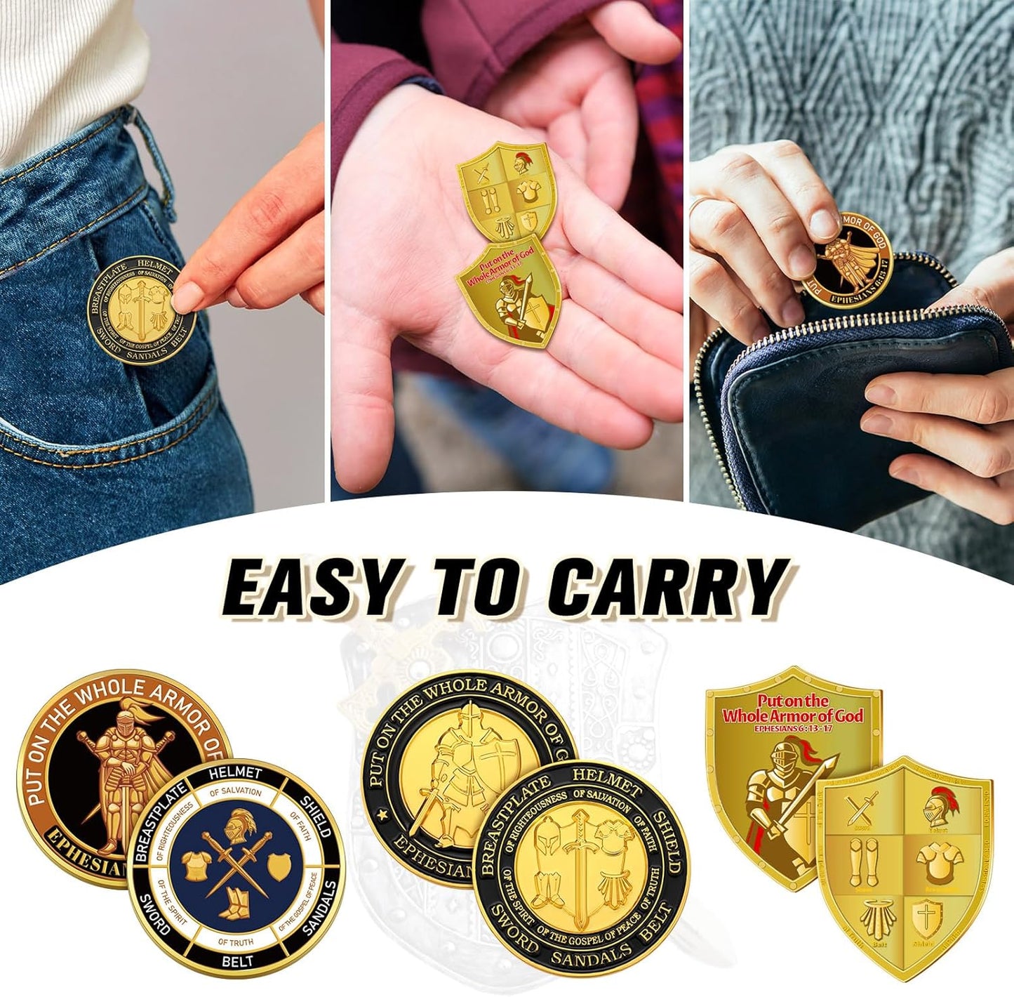 Armor of God Challenge Coin & Shield Token Set – Ephesians 6:13-17 • 3 Styles (36 Pack)